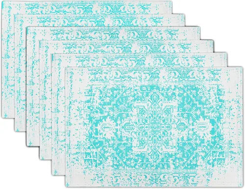Juego de 6 manteles individuales estilo bohemio, color gris, aguamarina, turquesa, bohemio, lavable, para cocina, comedor, vintage, gris, floral,