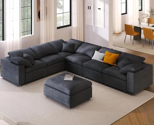 Miniatura 18 de Sofás modulares de nube seccionales para sala de estar, sofá modular grande con otomana, sofá de 3 plazas en forma de L con almohada, color beige