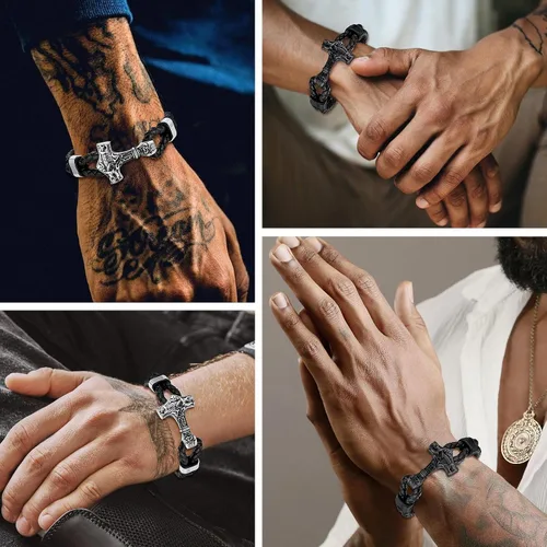 Miniatura 2 de Bestyle Pulseras vikingas trenzadas de cuero genuino para hombres y niños, estilo vintage, martillo de Thor, calavera, masón masónico, pulseras