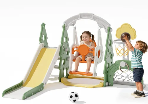 Miniatura 13 de XJD - Juego de tobogán y columpio 6 en 1 para niños pequeños, tobogán para niños de 1 año en adelante, juego de exterior para niños pequeños con aro