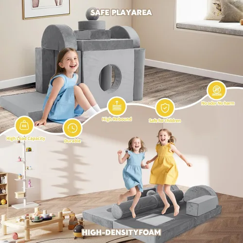 Miniatura 7 de Sofá modular de juego para niños, 13 piezas, sofá de espuma de alta densidad, muebles de sala de juegos convertibles con funda de terciopelo suave