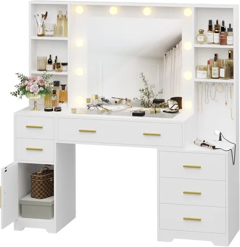Miniatura 8 de Hasuit Juego de tocador grande de 48.8'' con espejo iluminado y toma de corriente, mesa de maquillaje blanca con 6 cajones, 4 estantes y 1 gabinete