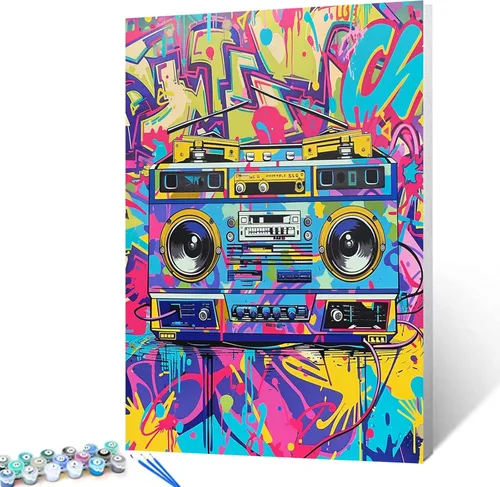 Tucocoo Boomboxes retro - Pintura por números para adultos, radio, pintura al óleo, pinturas acrílicas, Banksy Street 80, música, arte, Pintar por