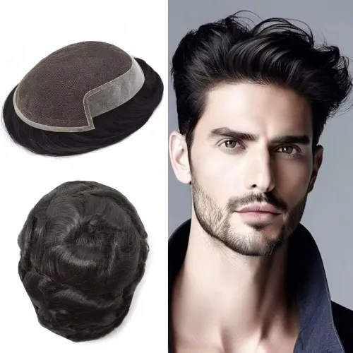Miniatura 29 de FACE MIRACLE - Tupé frontal de encaje francés para hombres, sistema de reemplazo de cabello humano de encaje con pieza de pelo de poliuretano