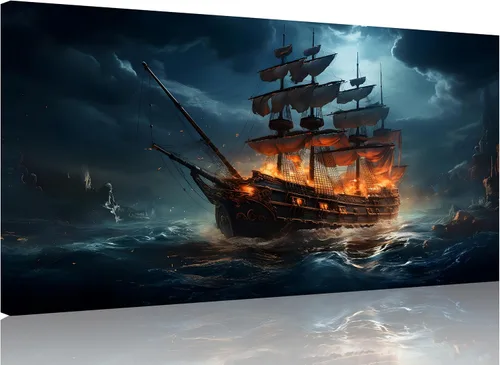 Miniatura 11 de TutuBeer 3 Piezas Arte de Pared Batalla Naval Barco Imagen Barco Pirata Velero Póster Barco Pirata Azul en Llamas Imagen Impresa en Lienzo Póster