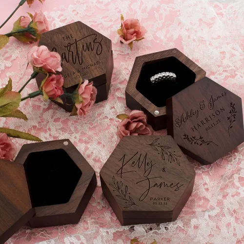 Miniatura 6 de Caja de anillo de madera personalizada, caja de soporte de anillo personalizada, caja de anillo de corazón de madera para ceremonia de boda, 8