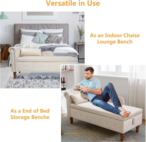 Miniatura 5 de Aoowow Banco de almacenamiento de terciopelo para dormitorio, extremo de la cama, sofá con brazo enrollado, tumbona para interiores con Beige 58