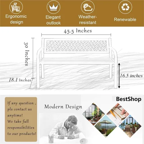 Miniatura 2 de Banco de patio - Banco de jardín de metal para exteriores con reposabrazos, 480 libras, hierro fundido, marco de acero resistente, color negro