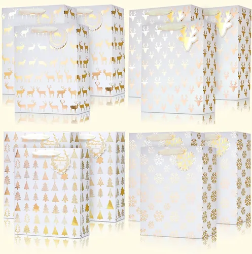 UNIQOOO 12 bolsas de regalo de Navidad doradas metálicas a granel con etiqueta, grandes de 12.5 x 10.5 pulgadas, copos de nieve surtidos, renos,