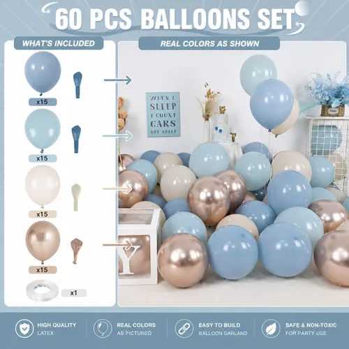 Miniatura 2 de HILAVO - Globos de color polvoriento, azul y dorado, 60 globos de 12 pulgadas, blanco arena, pizarra, azul, niebla, azul bebé, para baby shower, Oro