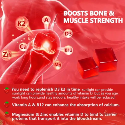 Miniatura 4 de Gomitas de vitamina D3 K2, sin azúcar, veganas, extra fuertes, con calcio y magnesio y zinc, para apoyo inmunológico, dientes óseos, salud