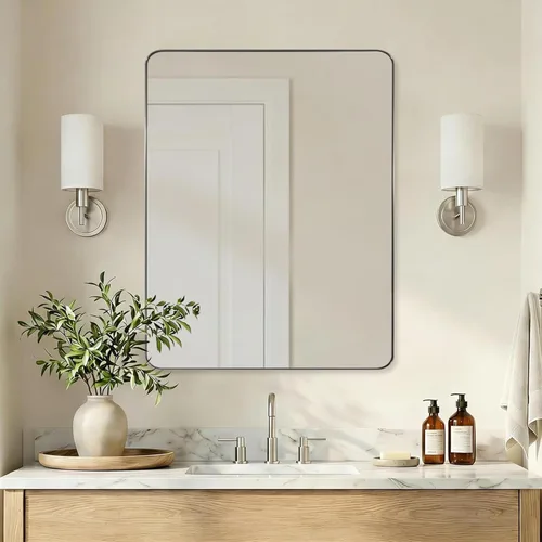 Miniatura 15 de ANDY STAR Espejo cromado para baño, espejo de pared con marco de metal de 22 x 30 pulgadas, espejo rectangular de acero inoxidable con esquina
