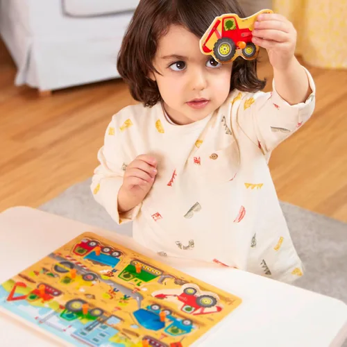 Miniatura 10 de B. toys Peek & Explore Puzzle 4 – Pack – Juguetes de madera para niños pequeños – 8 piezas cada uno – Vehículos, camiones, animales, corral – 2+ años