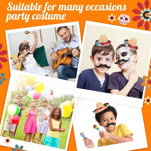 Miniatura 3 de Pasimy Juego de 12 sombreros de fiesta de mini sombrero, bigotes falsos, 6 diademas mexicanas con 6 bigotes para disfraz de Halloween