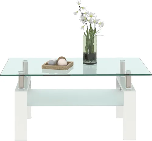 Miniatura 7 de ODUSE-DAILY Morden Design - Mesa auxiliar rectangular de cristal para sala de estar, con patas de metal negro, vidrio templado transparente