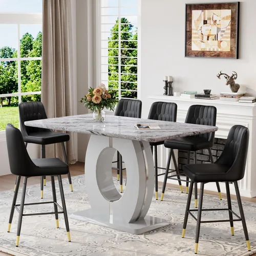 Miniatura 14 de Juego de mesa de comedor de mármol de 63 pulgadas para 6, moderno juego de mesa de comedor de altura de mostrador, mesa alta gris con taburetes