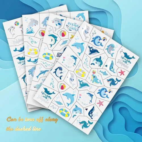 Miniatura 2 de Tatuajes temporales con purpurina de delfín para niños, 4 hojas de tatuajes falsos bronceadores para niñas y niños, lindos tatuajes de animales