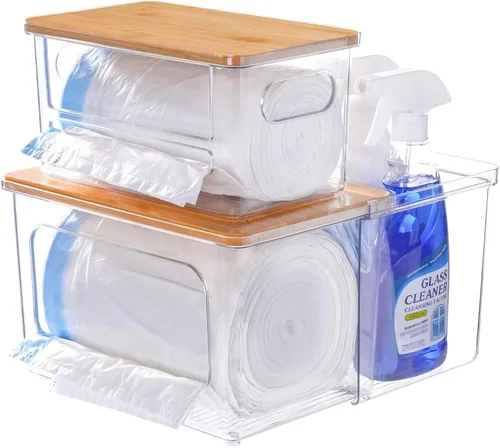 Miniatura 9 de iCASA Soporte dispensador de bolsas de basura – Organizador de acrílico 2 en 1 para debajo del fregadero, contenedor de bolsas de basura con tapa