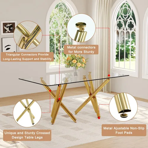 Miniatura 4 de Mesa de comedor de cristal de 71 pulgadas, mesa de comedor dorada para 6-8, mesa de cocina y comedor de gran tamaño con parte superior de vidrio