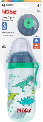 Miniatura 8 de Nuby Vaso de 2 etapas con boquilla de silicona antiderrames y ventana emergente de flujo libre, 12 onzas, surtido (colores/diseños pueden variar)