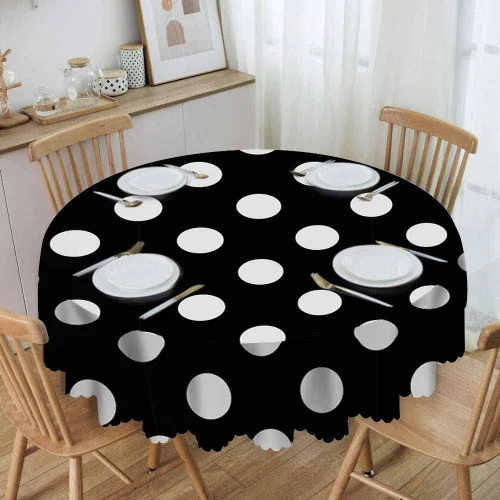 Miniatura 2 de IBILIU Mantel redondo de lunares blancos, color negro, mantel redondo lavable para cocina, hogar, comedor, fiesta, 60 pulgadas Yxb-004