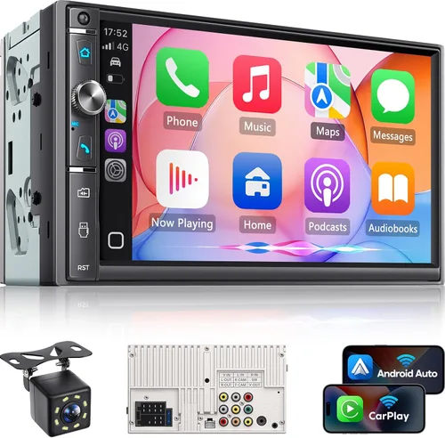 Estéreo de auto de doble DIN de 7 pulgadas, Apple Carplay inalámbrico y Android Auto, pantalla táctil HD, Bluetooth, 240W, SWC, salida de subwoofer,