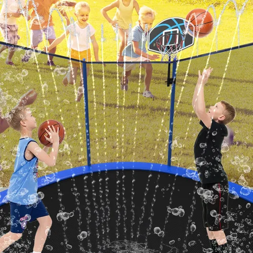 Miniatura 6 de ACWARM HOME Trampolín para exteriores de 10/12/14 pies para niños y adultos, trampolín con aro de baloncesto y rociador, antioxidante, aprobado por
