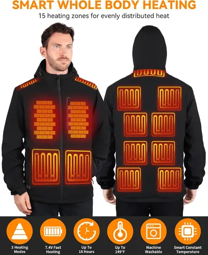 Miniatura 2 de ALI SEA Chaqueta térmica para hombre, chaqueta térmica eléctrica para hombre, abrigo térmico con 3 modos y 15 zonas de calor
