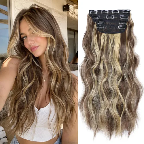 Miniatura 25 de Extensiones de cabello sintético con pinzas, largas y lacias, gruesas, extensiones de cabello natural de fibra de color rubio 613 de doble trama, 20