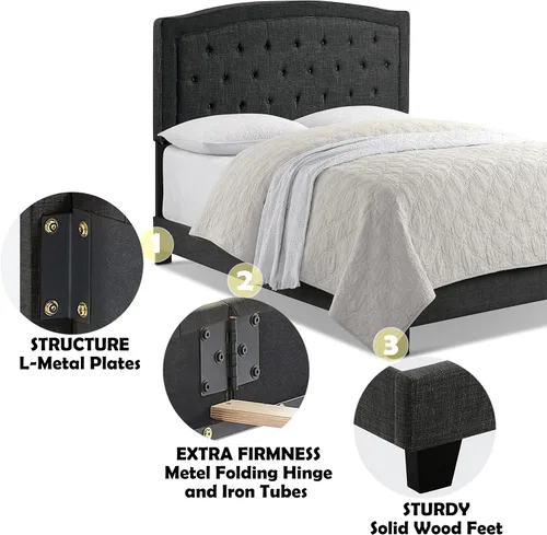 Miniatura 3 de Rosevera Jordana - Marco de cama de panel con cabecera ajustable con botones para dormitorio, tapizado de lino, soporte de listones de madera, fácil