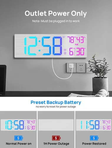 Miniatura 8 de MASHI Reloj de pared digital grande de 18.5", con control remoto, doble alarma con gran pantalla LED, 10 niveles de brillo ajustable, DST, fecha