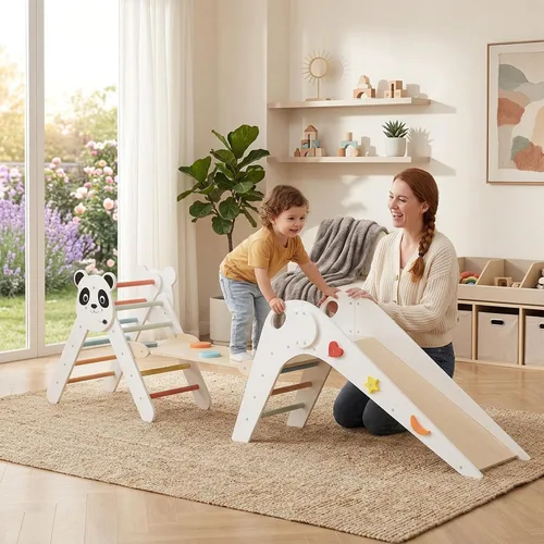 Miniatura 9 de GLACER Pikler - Juego de triángulos Montessori con temática de panda, juguetes de escalada para niños pequeños con escalera, túnel, tobogán, rampa