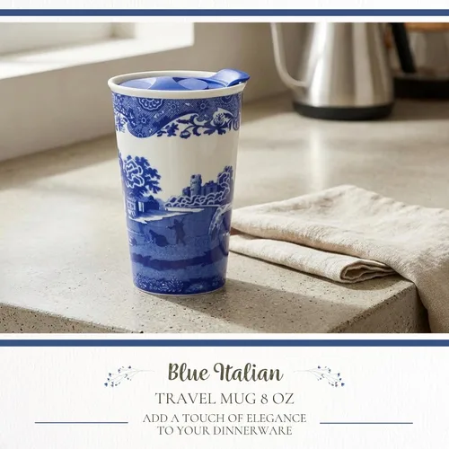 Miniatura 3 de Spode Taza de viaje de porcelana italiana azul de 8 onzas con tapa – Vaso con estampado escénico con borde decorativo – Taza de café de cerámica