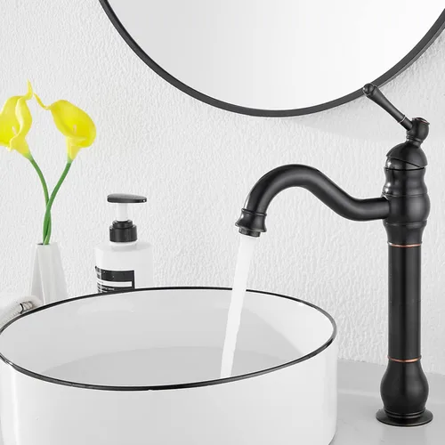 Miniatura 6 de Grifo giratorio de 360 ° con un solo orificio para lavabo de baño, desagüe desplegable a juego sin desbordamiento, bronce aceitado Bronce frotado