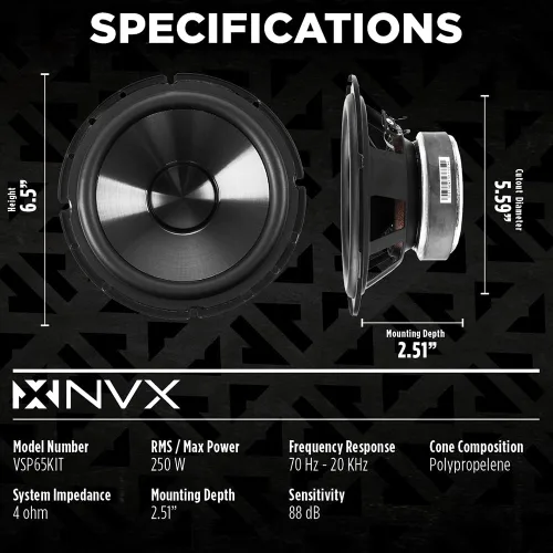 Miniatura 3 de NVX VSP65KIT 750W de potencia máxima (250W RMS) Sistema de altavoces componentes de 2 vías de la serie V de 6.5 pulgadas con tweeters de cúpula