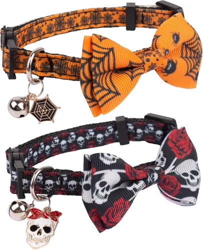 Miniatura 2 de ADOGGYGO Collares de gato de Halloween con campana de lazo, collar de moño para gatito, tela de araña, calavera, collares de Halloween para niñas