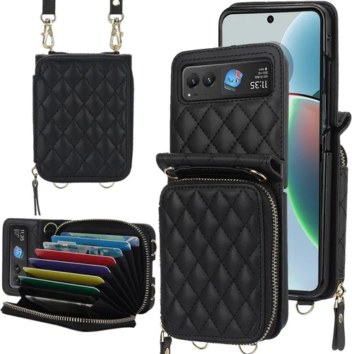 Funda para teléfono celular Motorola Moto Razr 2023, con bloqueo RFID y cremallera con correa cruzada, 8 tarjeteros para mujeres y niñas, color negro