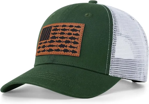 Miniatura 13 de Sombrero de camionero con bandera de pez estadounidense, regalos de pesca para hombres, sombrero de pesca Snapback perfecto para pesca y uso diario