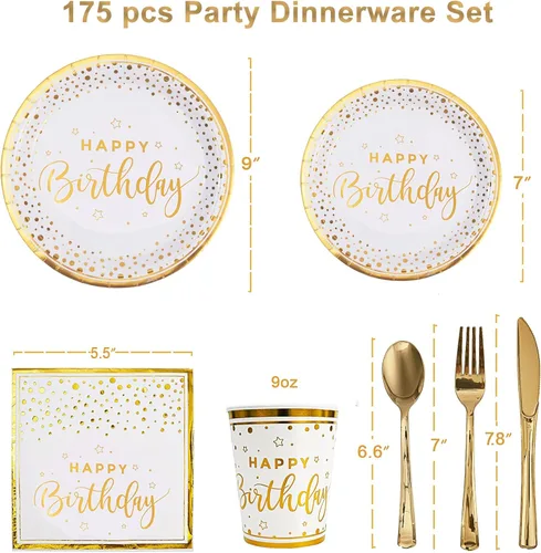 Miniatura 2 de 175 piezas de platos y servilletas de feliz cumpleaños suministros de fiesta, platos de papel dorado con puntos y servilletas con tenedores, Blanco