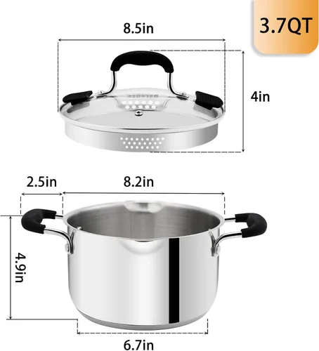 Miniatura 4 de Rorence - Olla sopera de acero inoxidable con boquilla de vertido y mangos de silicona y tapa de vidrio con colador - 3.7 cuartos