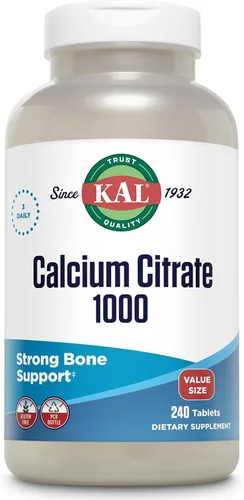 KAL Citrato de calcio 1000 mg, suplementos de calcio para mujeres y hombres, salud ósea, dientes, apoyo del sistema nervioso, muscular y