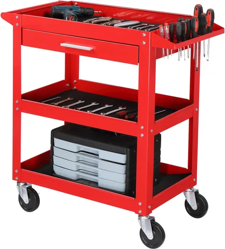 Miniatura 8 de TUFFIOM - Carrito de herramientas rodante de 2 niveles, carrito de servicio industrial con ruedas con 2 frenos, carrito utilitario de acero