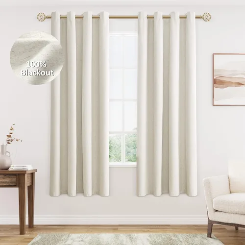 Miniatura 35 de Cream Linen Blackout Curtains 90 Length 2 Panels Set for Living Room Bedroom, 100% Black Out Thermal Insulated Linen Drapes, Room Darkening Grommet