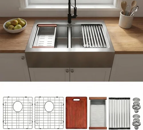 Miniatura 16 de LQS Fregadero de cocina dorado de 32 x 18 pulgadas, fregaderos de cocina empotrados, fregaderos de acero inoxidable de doble tazón 50/50