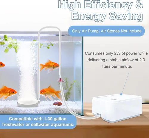Miniatura 3 de Boxtech Bomba de aire para acuario ultra silenciosa, ahorro de energía de 2 W, bomba de oxígeno de bajo ruido para tanques de agua dulce y salada
