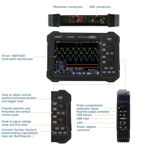 Miniatura 4 de OWON Osciloscopio digital de mano TAO3102 de 2 canales de 8 pulgadas con ancho de banda de 100 MHz y frecuencia de muestreo de 1GS/s, multímetro