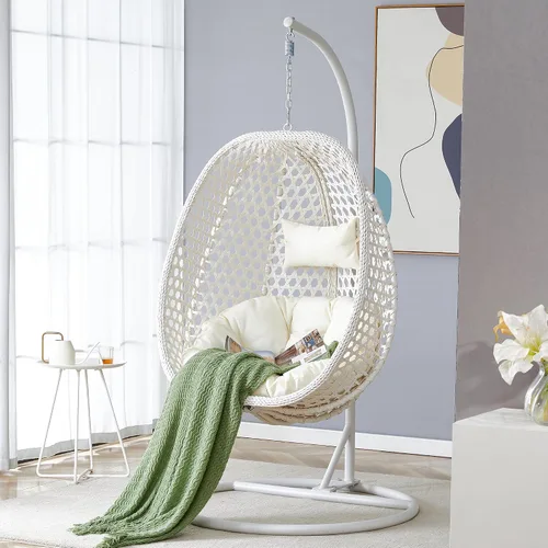 Miniatura 13 de Swining - Silla de huevo con soporte, sillas colgantes de mimbre de ratán para huevos, silla columpio para patio con cojín resistente a los rayos