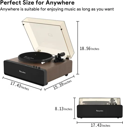 Miniatura 6 de Tocadiscos de vinilo Bluetooth con altavoces, 2 velocidades 33/45 RPM, cartucho magnético AT-3600L, luz ambiental LED, madera de nogal