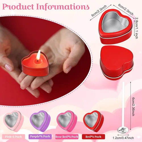 Miniatura 2 de Nuanchu 24 moldes de velas vacías para el día de San Valentín, latas de metal en forma de corazón rojo de 2 onzas con tapas de ventana