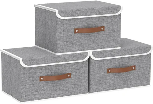 Miniatura 35 de Yawinhe SNK024BEN-1 Cajas de almacenamiento plegables, cestas apilables de tela de lino, contenedor con tapa y asa de cuero, lavable, para el hogar